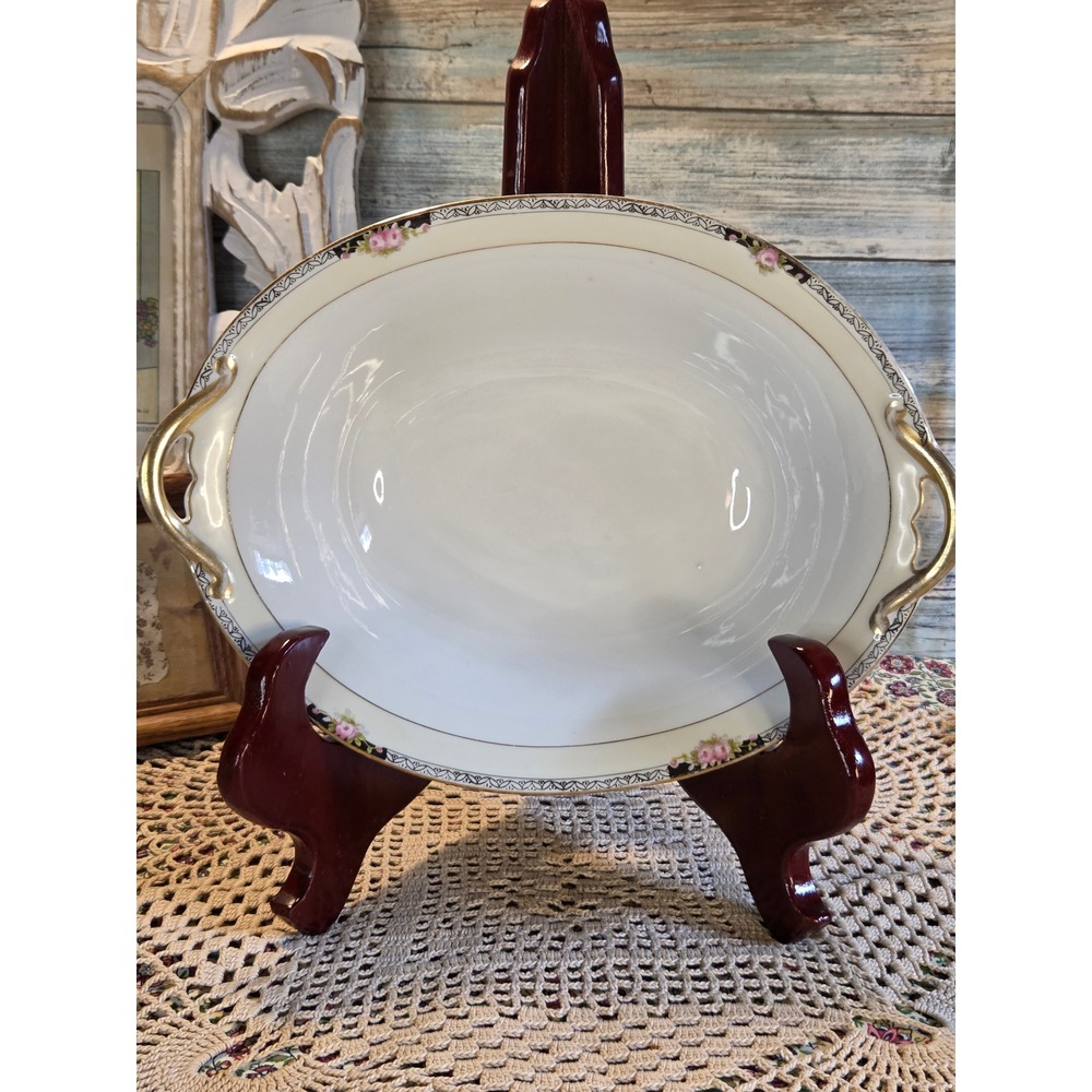 Antique Made in Japan Porcelain Oval Serving Bowl Pink Rose Gold Handles Floral - Picture 7 of 8